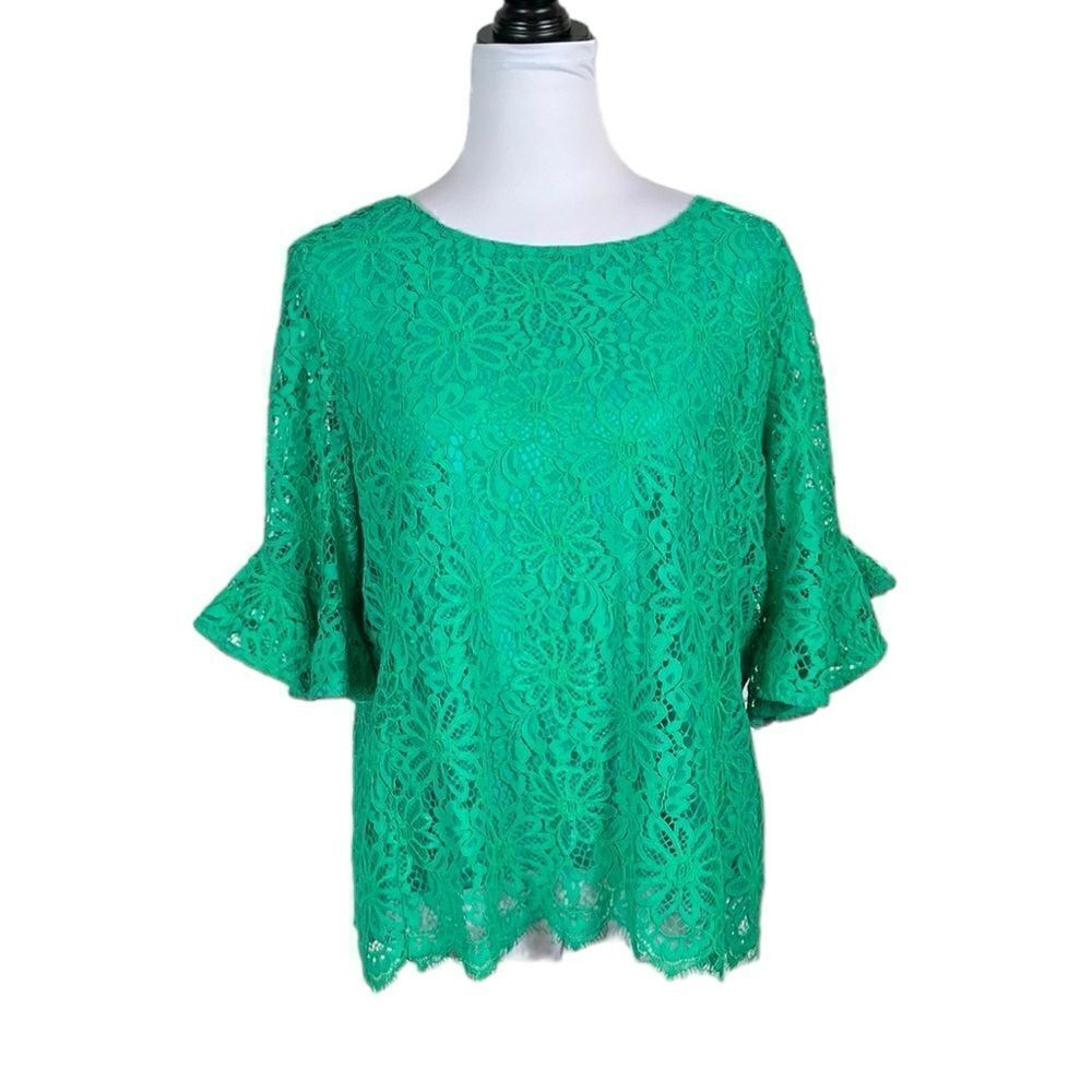 Nanette Lepore Women’s Green Lace Scallop Hem‎ Bell Sleeves Top, Size L - Picture 3 of 8